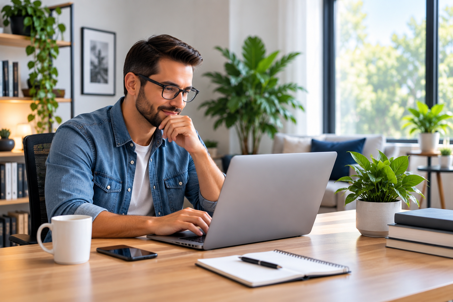 Illustrative photo of a person working remotely from a home office with a laptop